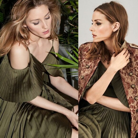 NWT Olivia Palermo Pleated Off Shoulder Satin Maxi Dress Green Size 00 Petite - Picture 12 of 12